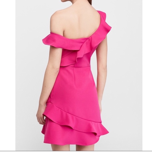 Express Off The Shoulder Ruffle Sheath Hot Pink Neon Berry Dress Sz Small NWT - Picture 3 of 4